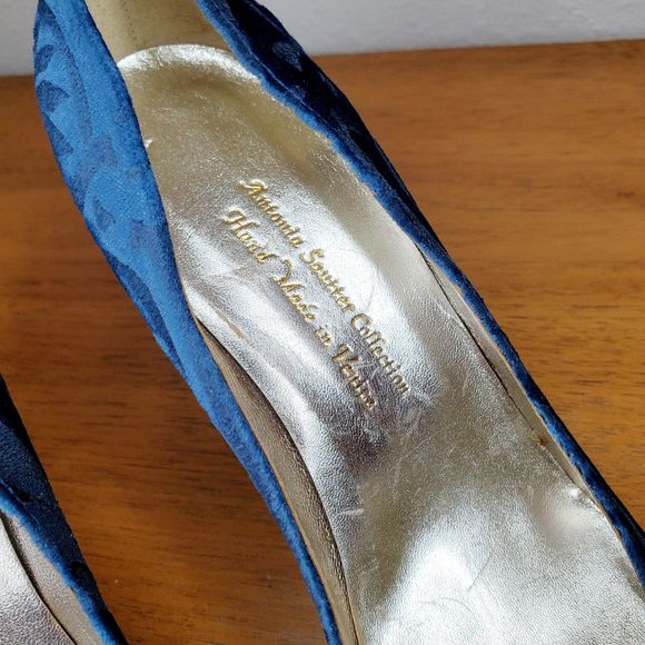 Antonia Sautter Collection Blue Velvet Damask Print Heels Shoes Handmade SZ 37 - Picture 11 of 12